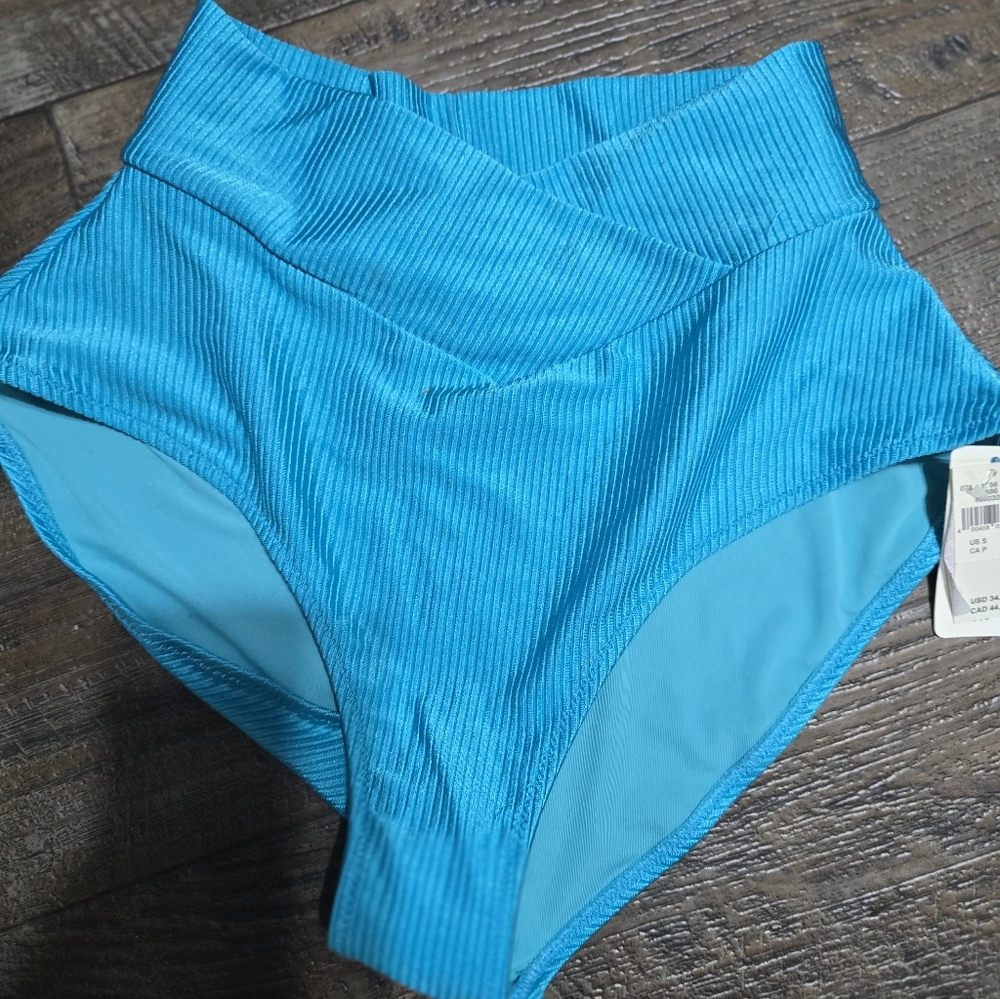 Aerie Vibrant Blue Cross Over Waist Ribbed Bikini BOTTOM ONLY size Small